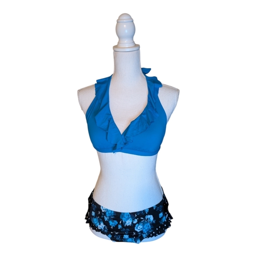 Chaps Blue Ruffle Halter Bikini Top & Bottom SZ 6